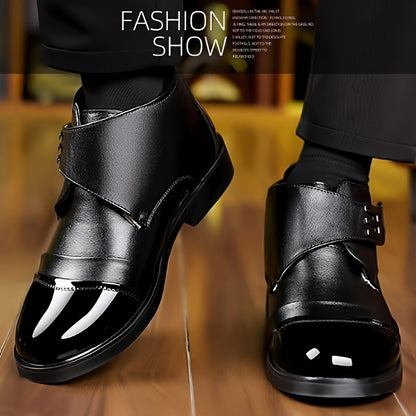 Black men’s slip-on ankle boots with a polished toe cap and Velcro fastening