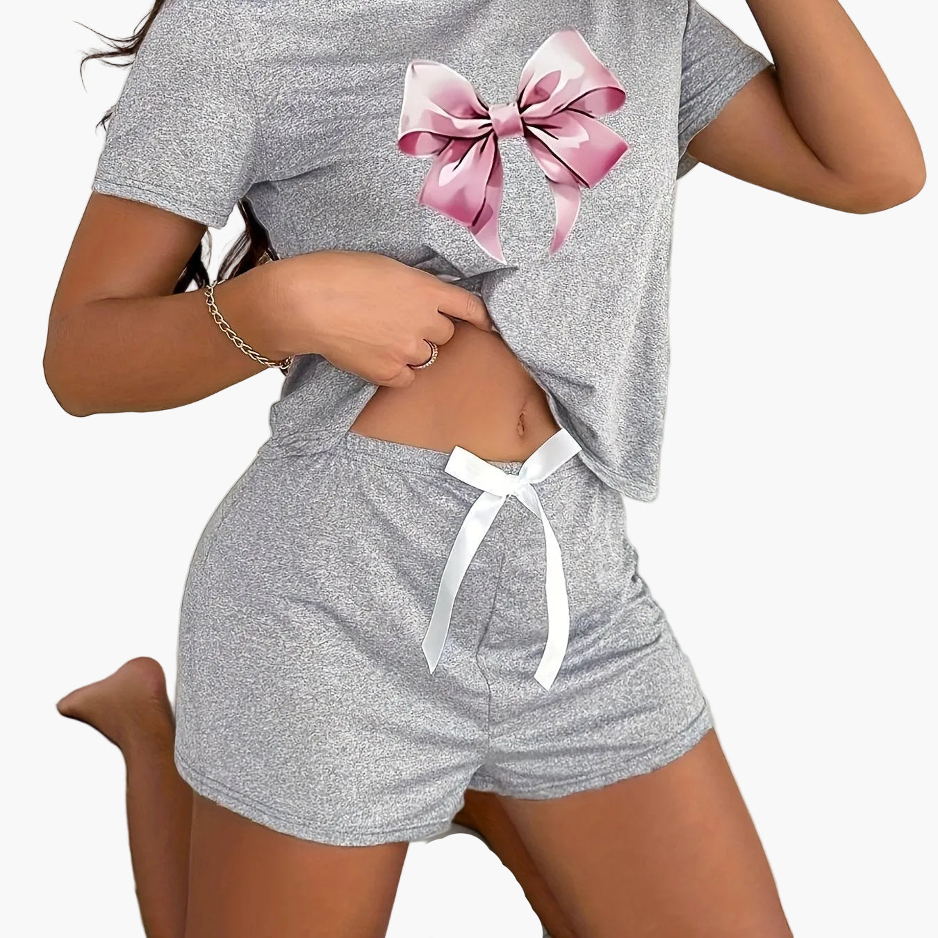 Women's pajama set with bow print, short sleeves, summer, loungewear, casual style