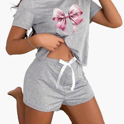 Women's pajama set with bow print, short sleeves, summer, loungewear, casual style