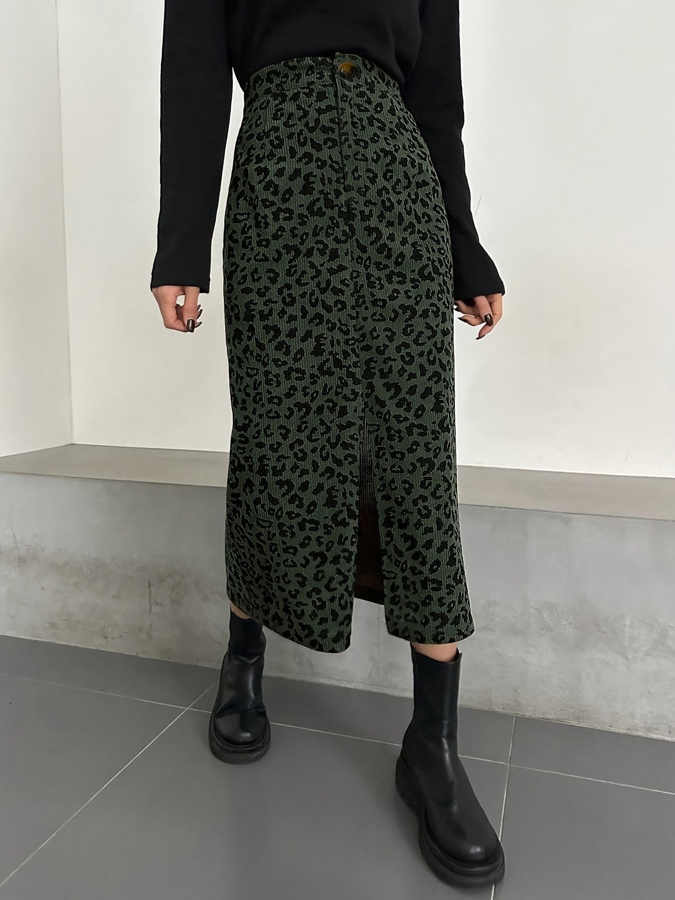 Damen Maxi Rock Leopard Print Rippstrick Schlitz