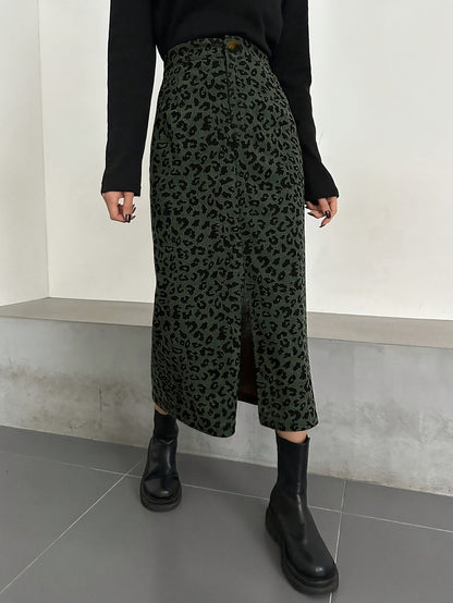 Damen Maxi Rock Leopard Print Rippstrick Schlitz