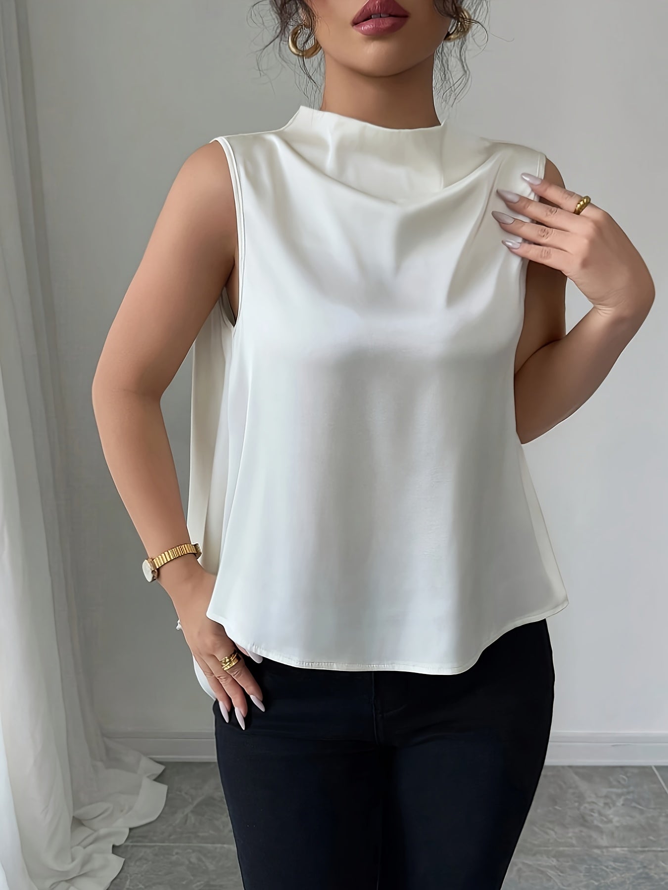 Women's sleeveless blouse with elegant waterfall neckline – Modern office & evening outfit