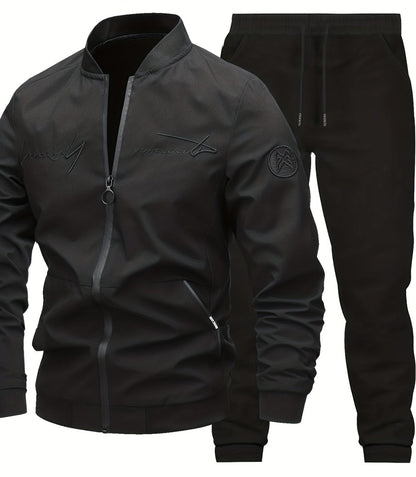 Men's Casual Tracksuit Set with Baseball Collar – Modern Embroidery Look for Everyday and Sports