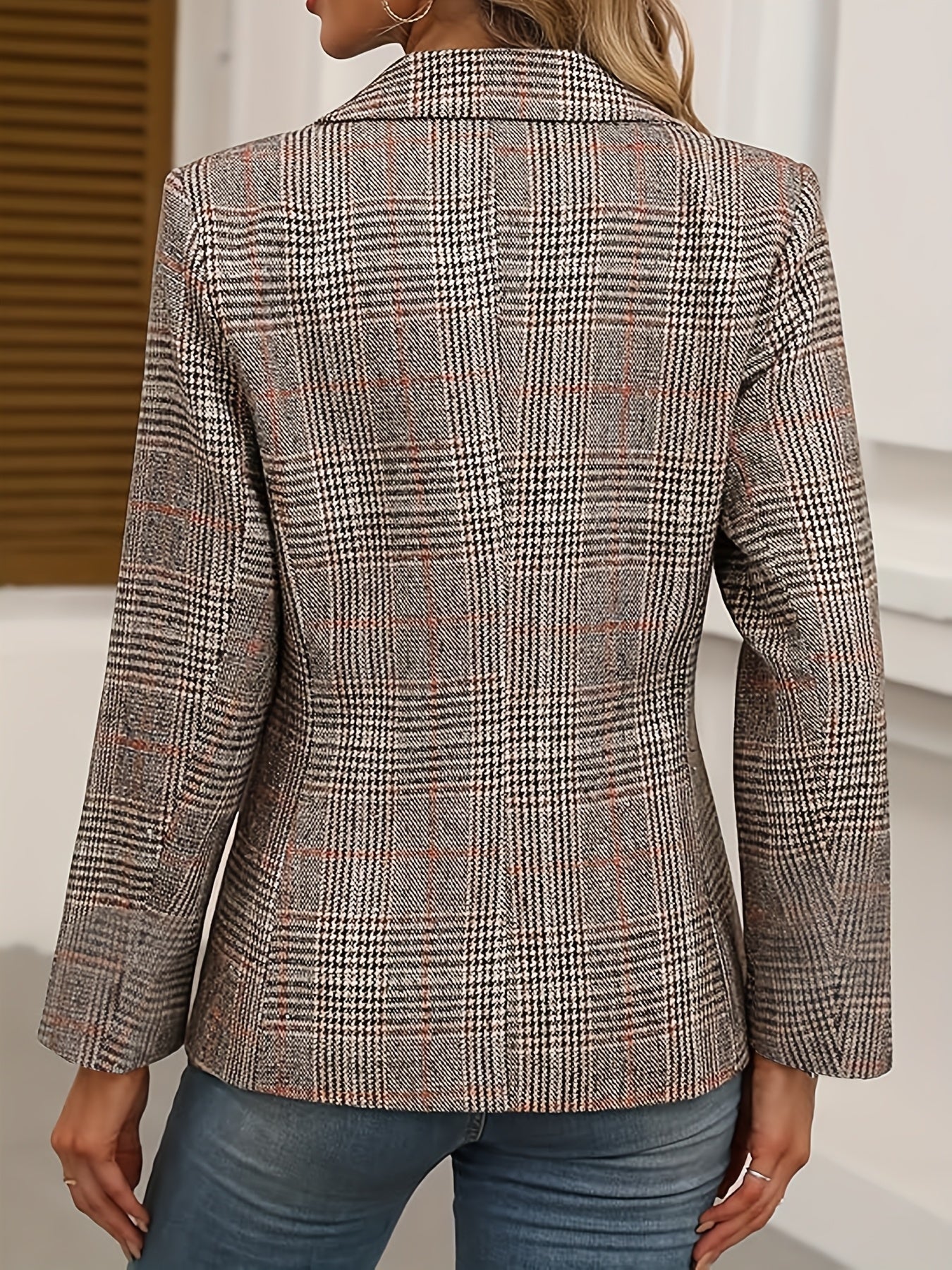 Women's Checked Blazer Modern Business Casual Jacket with Double Button