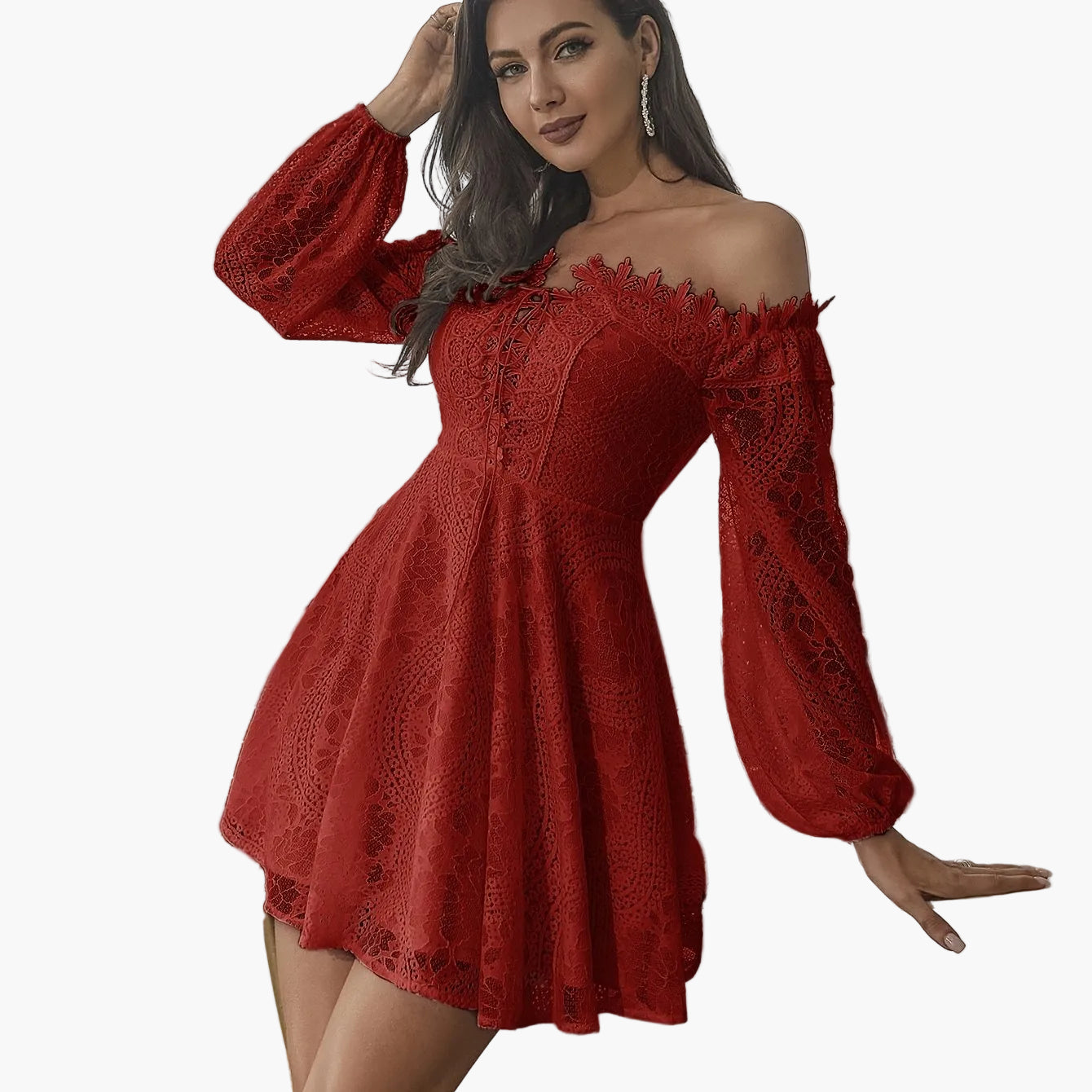 Women's Off-Shoulder Mini Dress Elegant with Lace Sleeves – Perfect for Festive Occasions or Evening Events