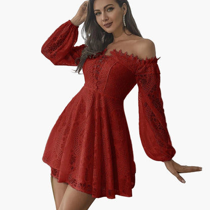 Women's Off-Shoulder Mini Dress Elegant with Lace Sleeves – Perfect for Festive Occasions or Evening Events