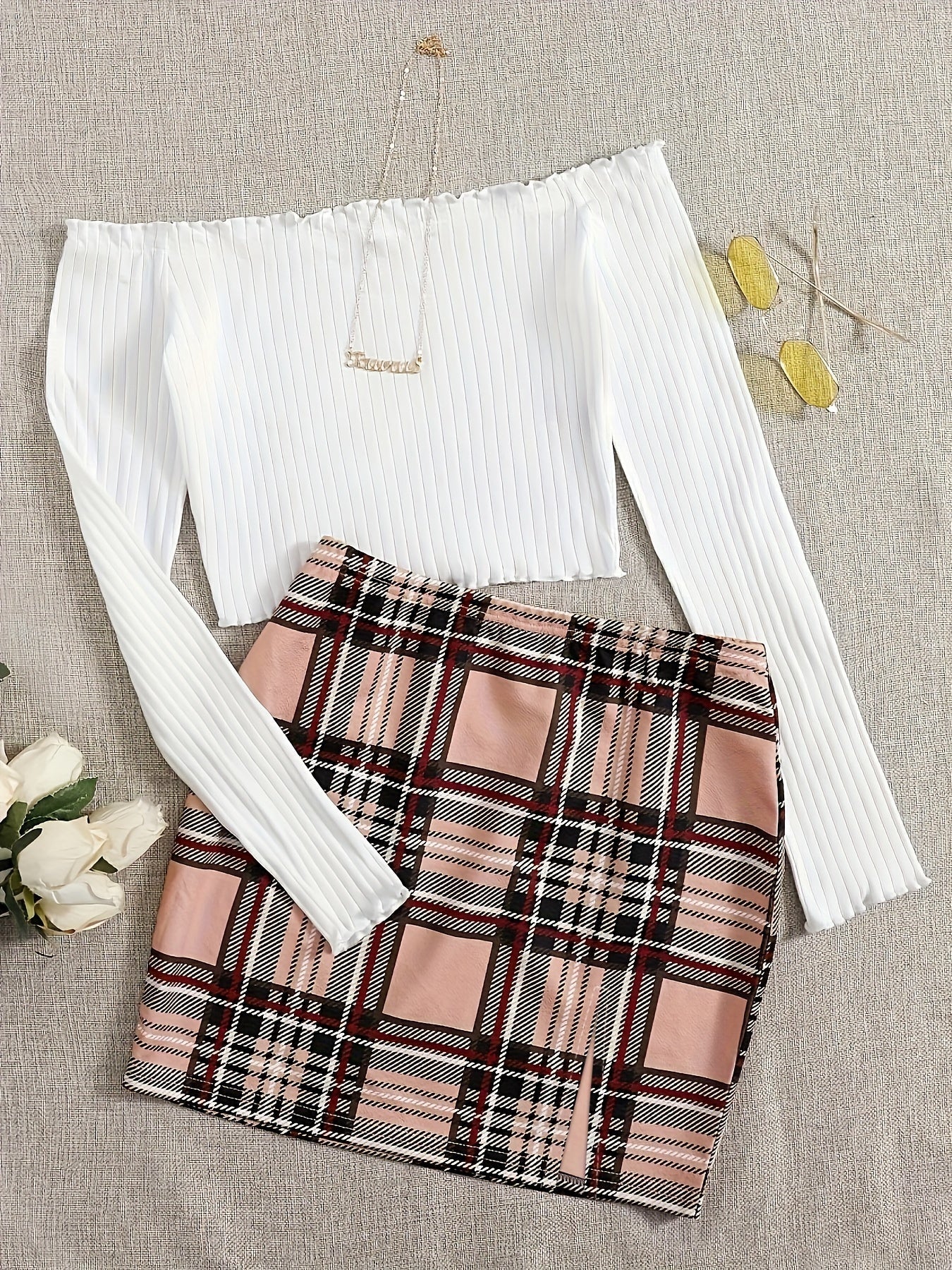 Women's Set Elegant Off-Shoulder Top and Plaid Mini Skirt – Perfect for Spring & Summer