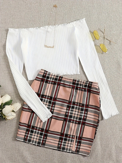 Women's Set Elegant Off-Shoulder Top and Plaid Mini Skirt – Perfect for Spring & Summer