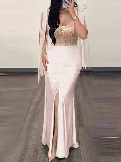 Women's Elegant Evening Dress with Fringe and Slit – Bodycon Maxi Dress for Formal Occasions