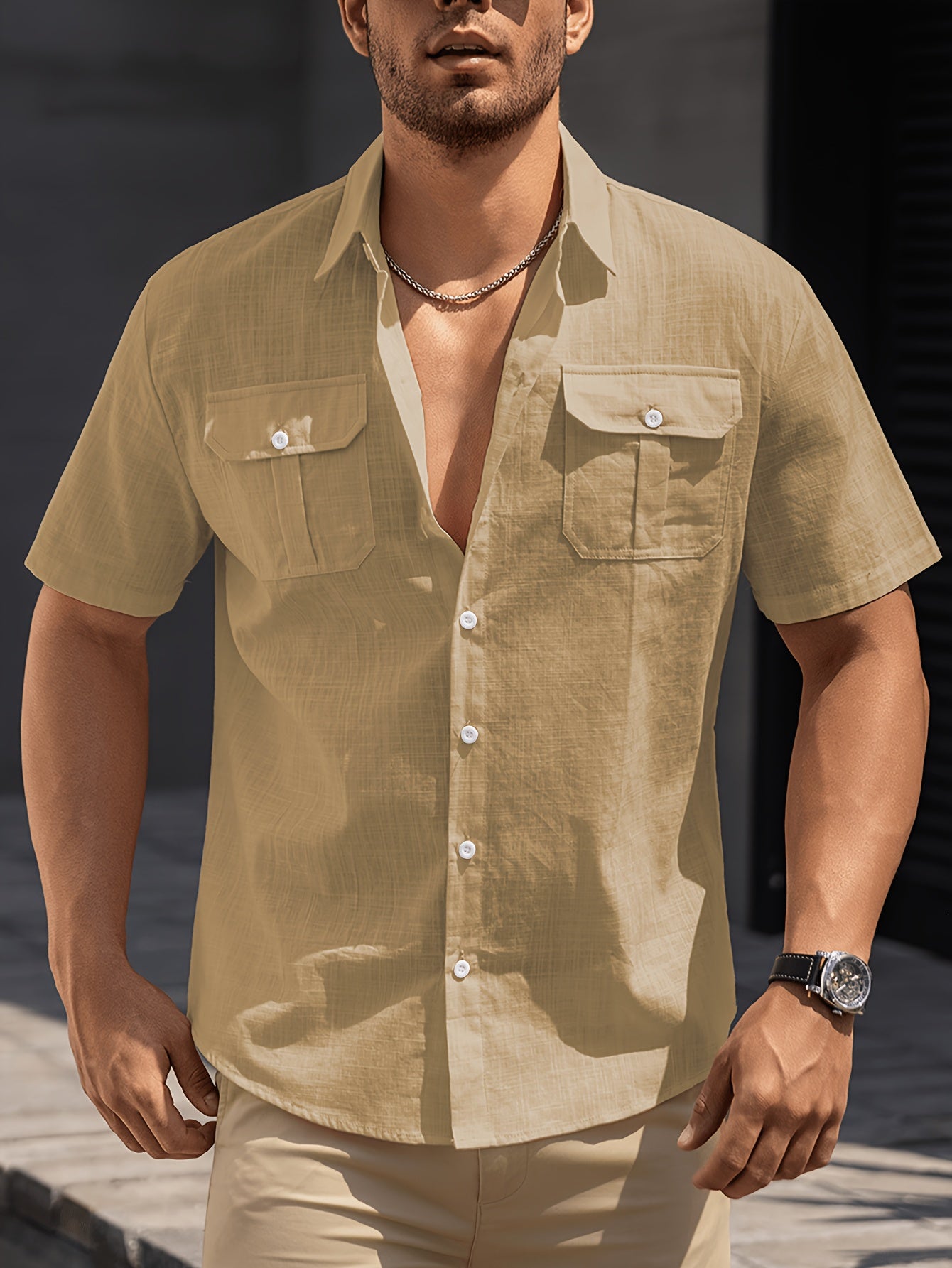 Men's Casual Short-Sleeve Shirt with Chest Pockets – Summer Regular Fit for Casual Occasions