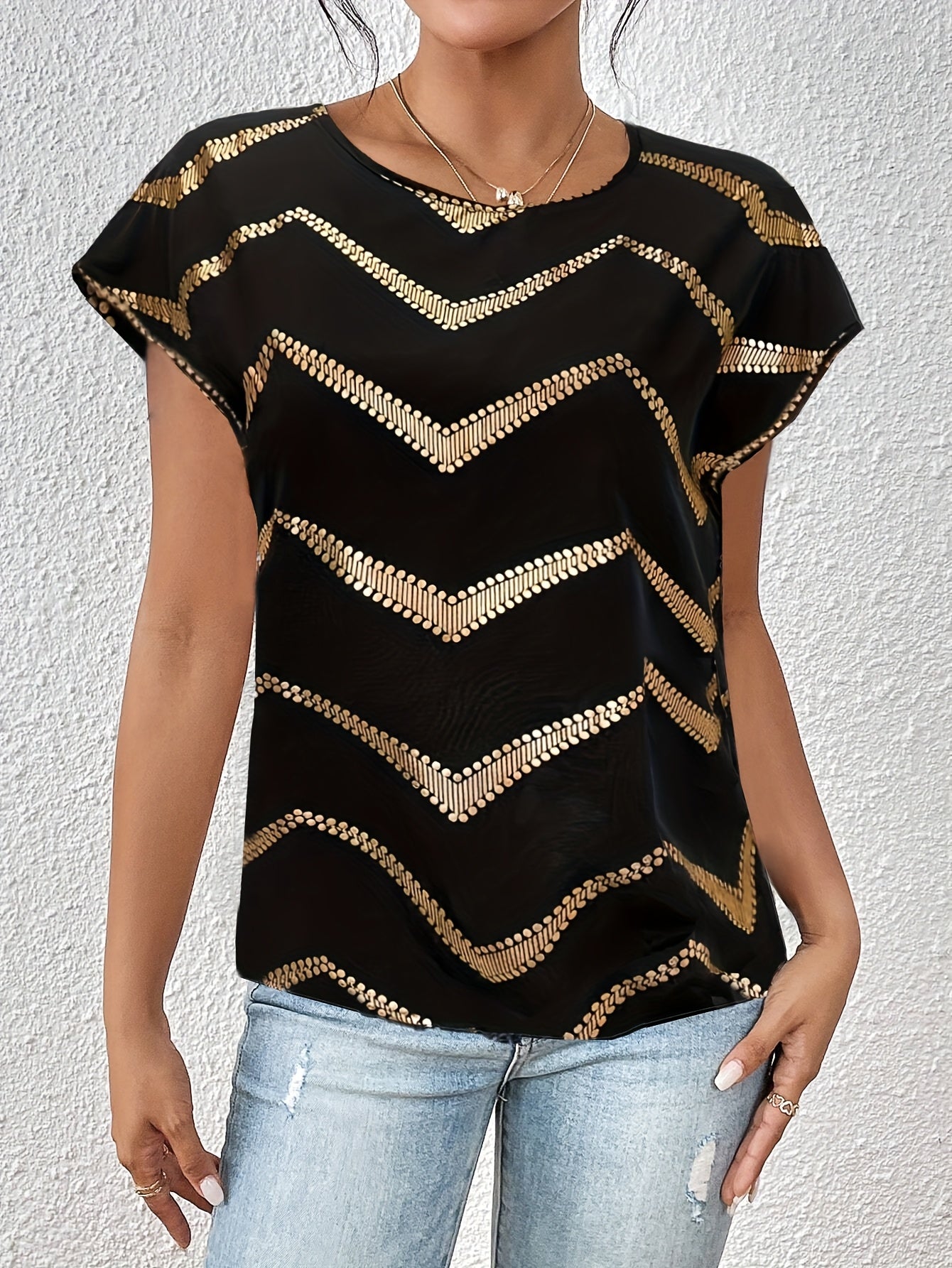 Women's Elegant Batwing Shirt with Geometric Pattern – Perfect for Everyday & Leisure