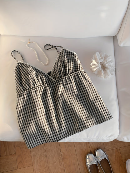 Women's Vintage-Style Checkered Strap Top for Casual and Summer Wear