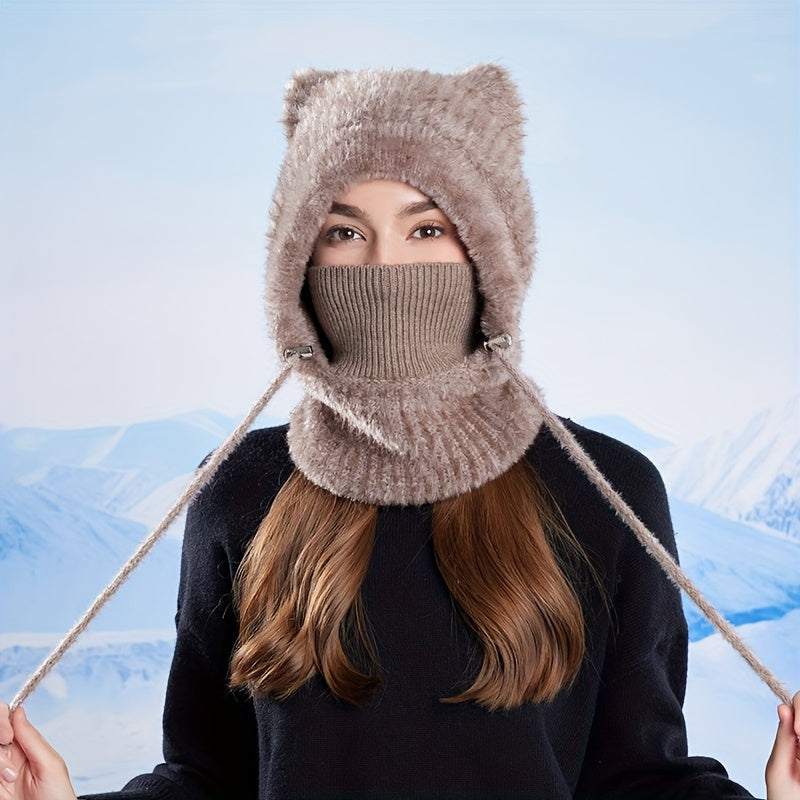 Gestrickte Balaclava-Mütze mit Ohren und integriertem Schal in Rippstrick