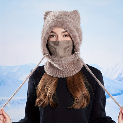 Gestrickte Balaclava-Mütze mit Ohren und integriertem Schal in Rippstrick