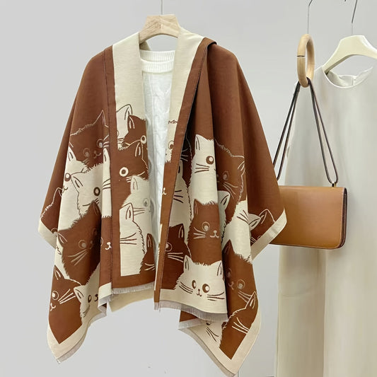 Poncho Damen mit Katzenmuster Umhang Fransen Weicher Stoff