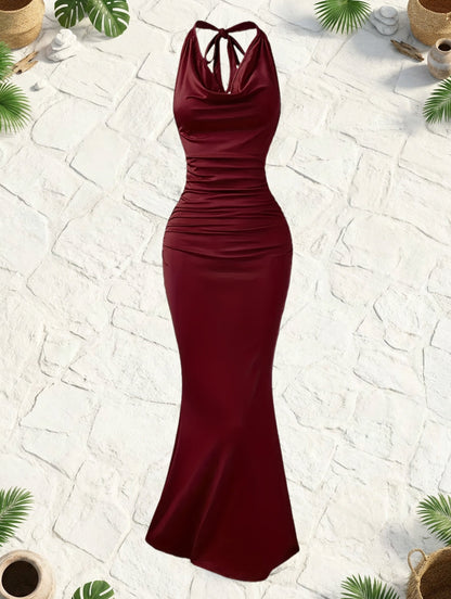 Women's evening dress with cowl neckline and back tie – elegant maxi dress for festive occasions