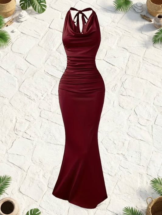 Women's evening dress with cowl neckline and back tie – elegant maxi dress for festive occasions