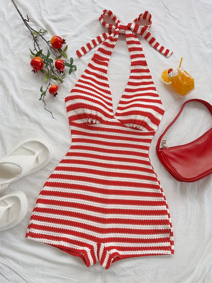 Damen Retro-Style Halterneck Einteiler Playsuit für Sommer und Urlaub