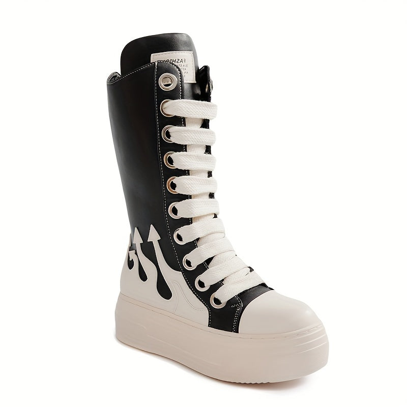 Platform High-Top Boots Black White with Lacing