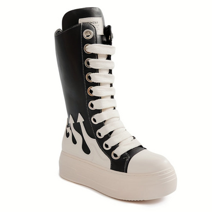 Platform High-Top Boots Black White with Lacing
