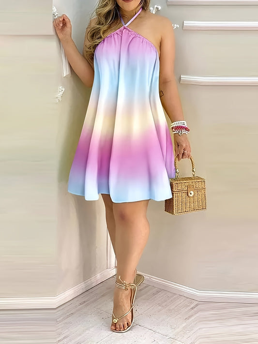 Women's summer mini dress with halter neck and ombre effect – Casual swing style for vacation and garden party