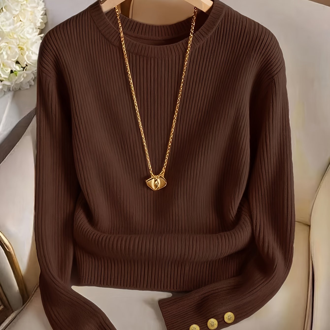 Women's rib-knit long-sleeve crew-neck sweater with buttons