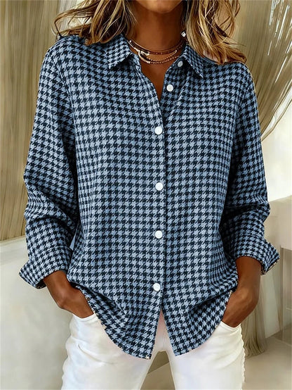 Women's Houndstooth Long-Sleeve Blouse Casual Office Shirt Stylish