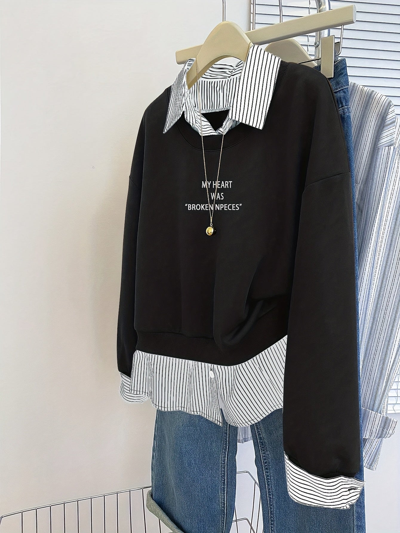 Damen Layering-Sweatshirt mit Hemdeinsatz, Baumwollmischung, Langarm