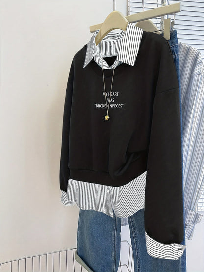 Damen Layering-Sweatshirt mit Hemdeinsatz, Baumwollmischung, Langarm