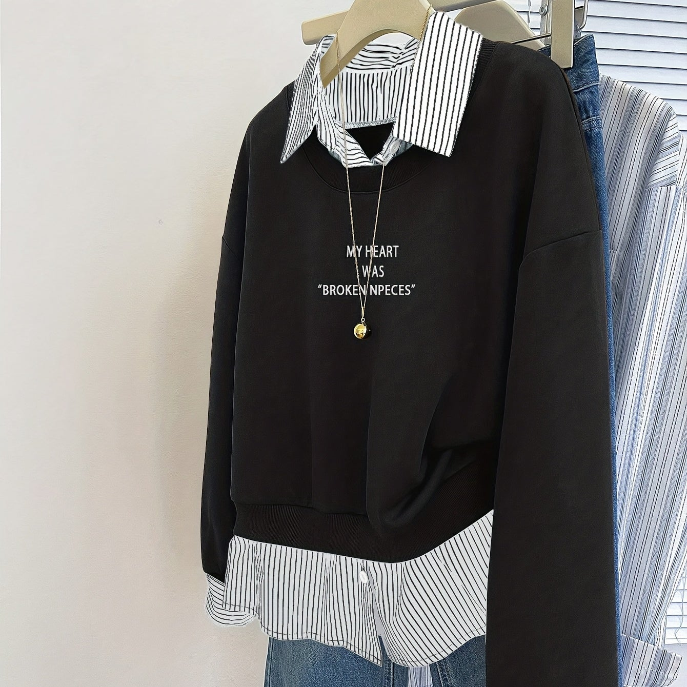 Damen Layering-Sweatshirt mit Hemdeinsatz, Baumwollmischung, Langarm