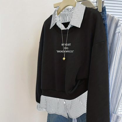 Damen Layering-Sweatshirt mit Hemdeinsatz, Baumwollmischung, Langarm