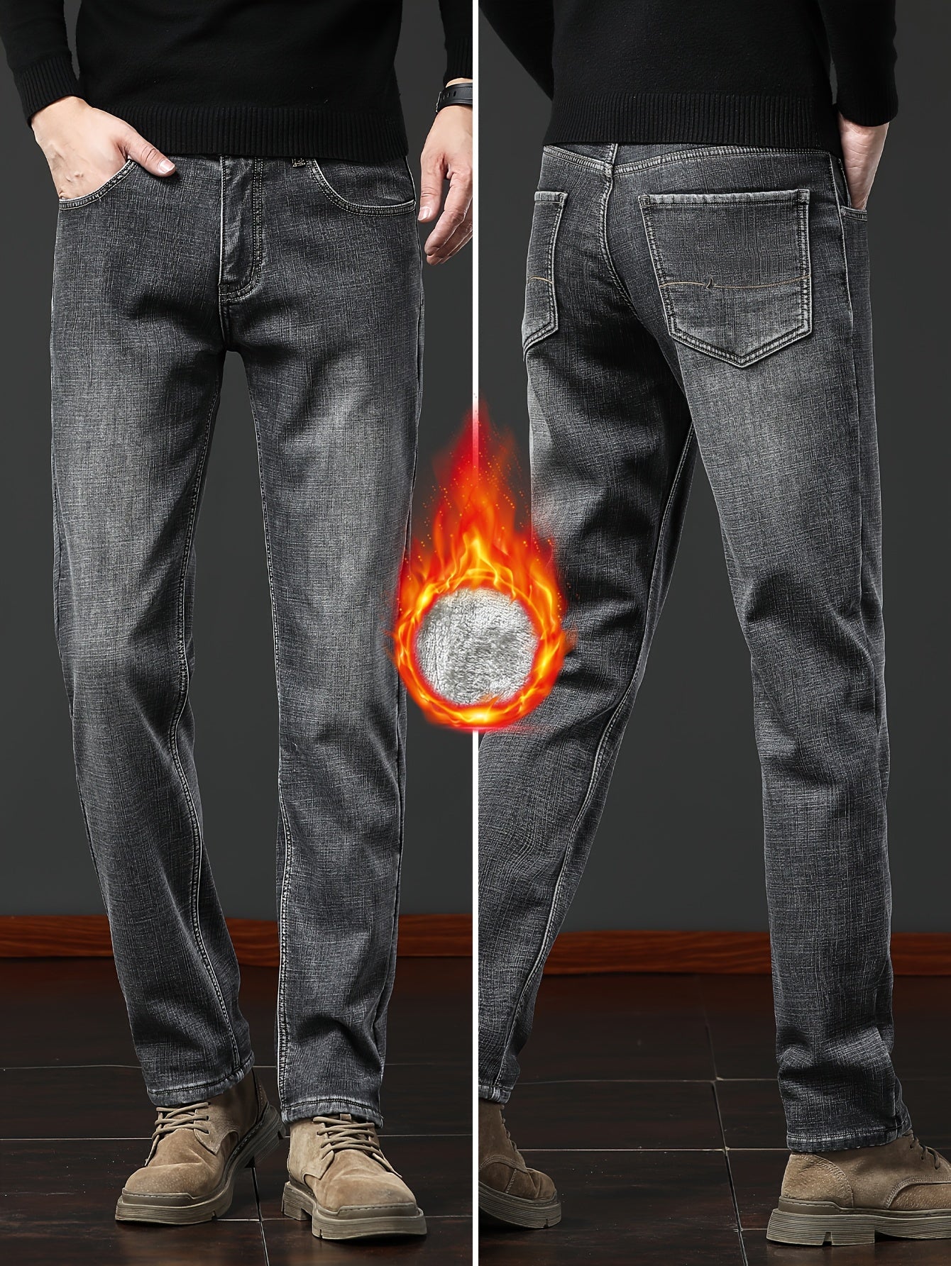 Herren Winter Jeans Thermojeans gefüttert gerade Schnitt mit Fleecefutter Blau Grau