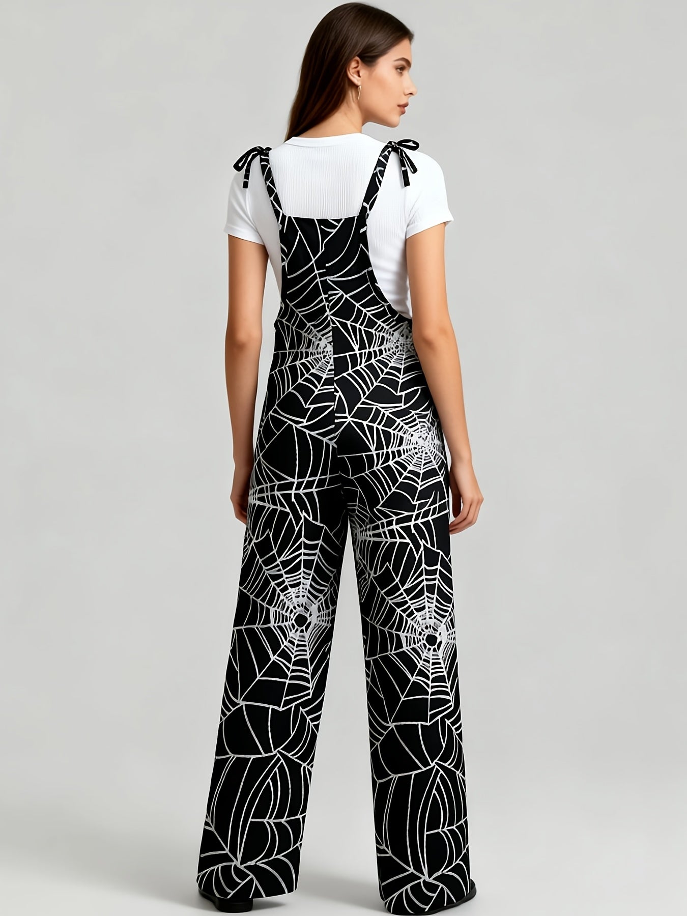 Damen Jumpsuit Spinnennetz-Muster Schwarz Träger zum Binden Weites Bein Lässiger Overall