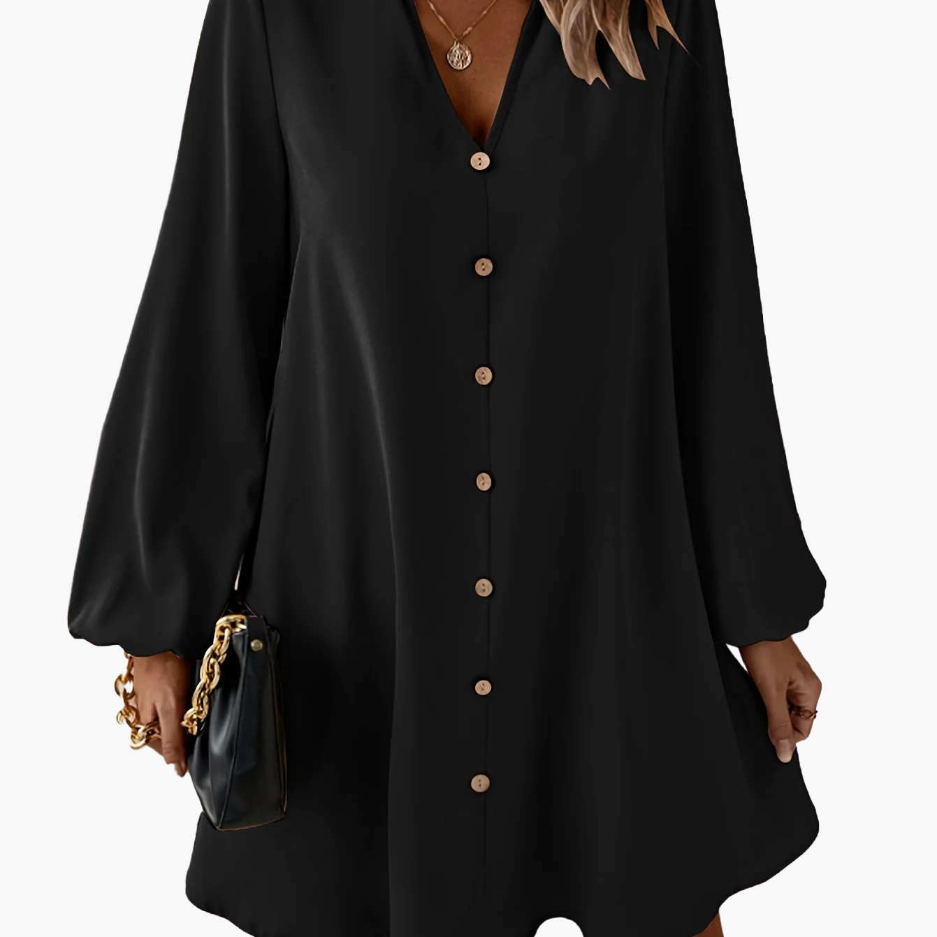 Damen Freizeitkleid mit Knopfleiste, A-Linien Schnitt, V-Ausschnitt, eleganter Alltagsstil