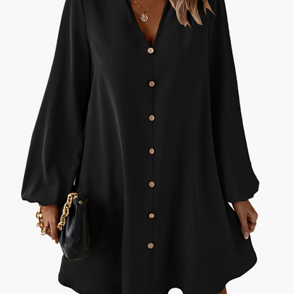 Damen Freizeitkleid mit Knopfleiste, A-Linien Schnitt, V-Ausschnitt, eleganter Alltagsstil