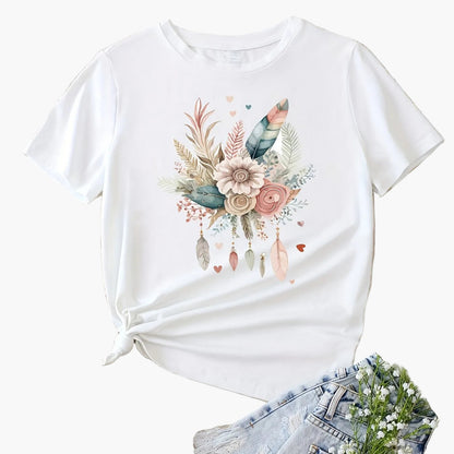 Women's T-Shirt with Floral Feather Graphic – Casual Summer Style