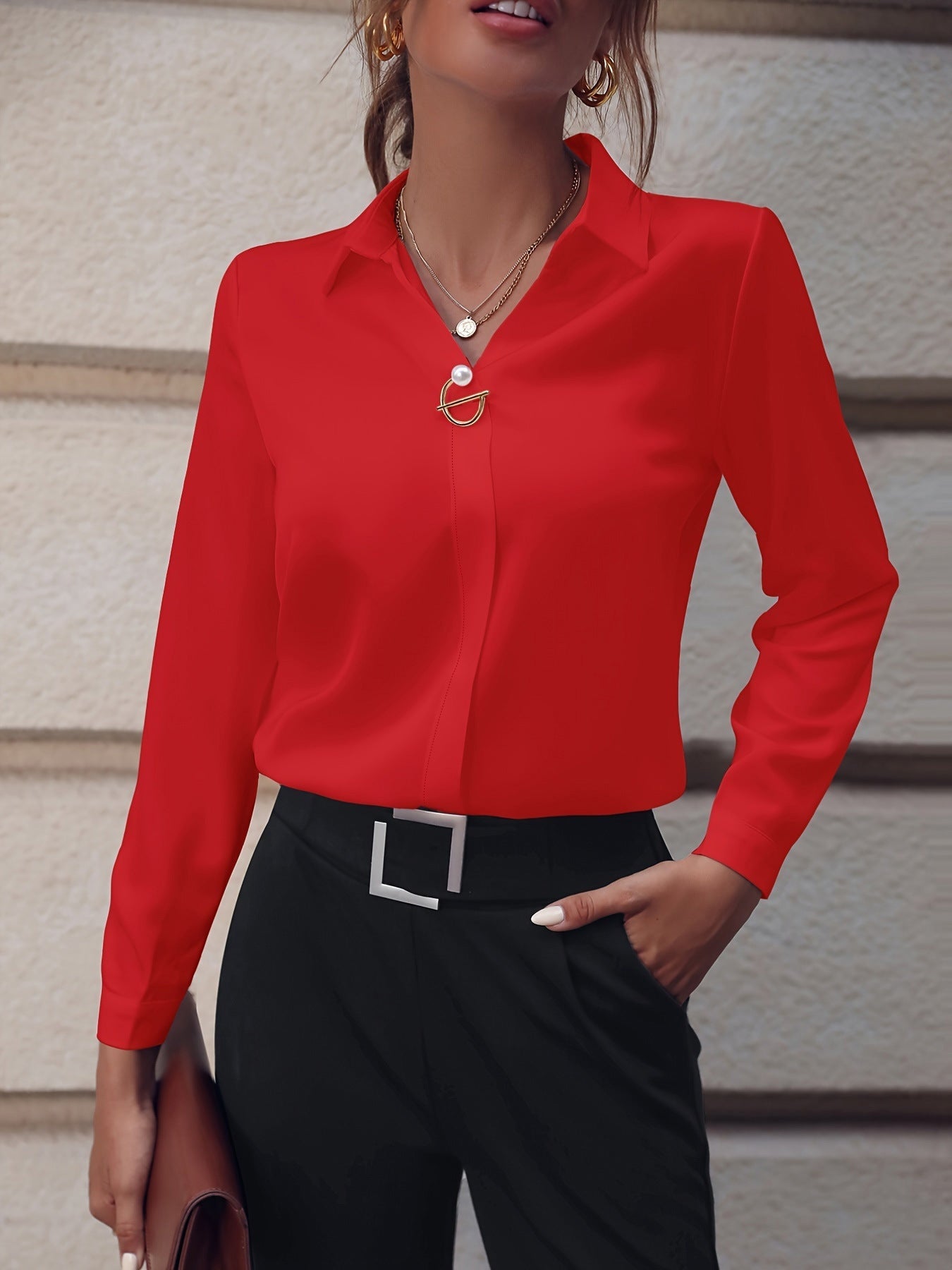 Damen Elegante Slim Fit Langarm Business Bluse – Stilvolle Büro- und Freizeitmode