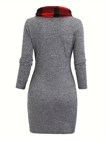 Damen Pulloverkleid mit Rollkragen, kariertem Einsatz & Knöpfen, Langarm, tailliert