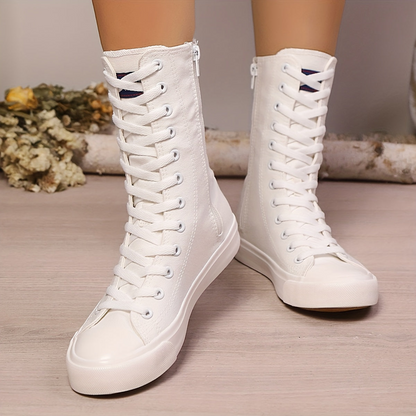 High-top canvas sneaker boots with laces and a zipper for women