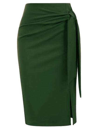 Women's Elegant Midi Skirt with Bow Detail and Slit – Perfect for Office & Festive Occasions