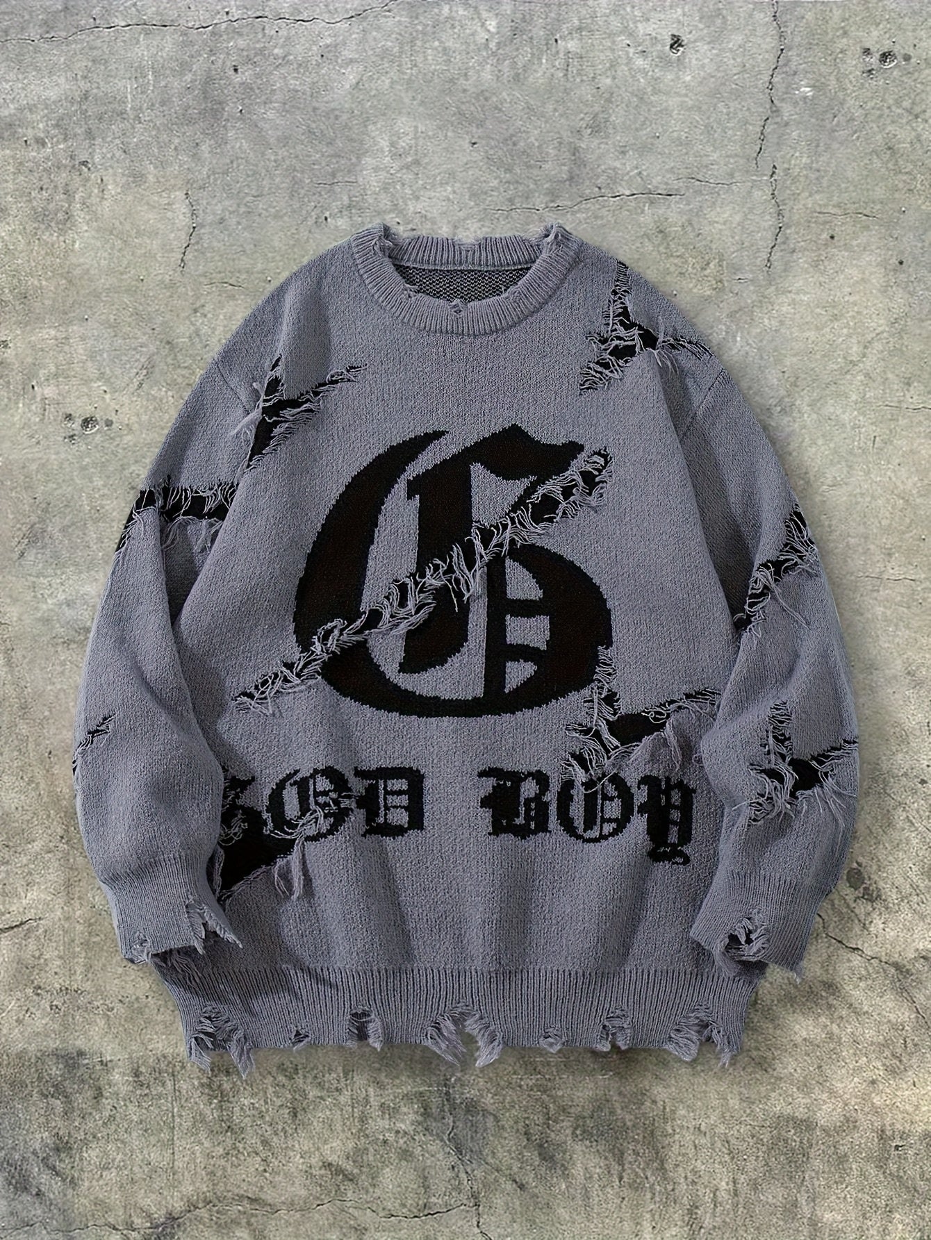 Unisex distressed pullover with a crew neck and statement print
