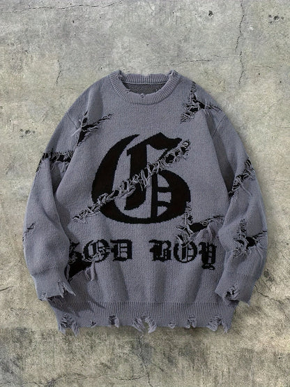 Unisex distressed pullover with a crew neck and statement print