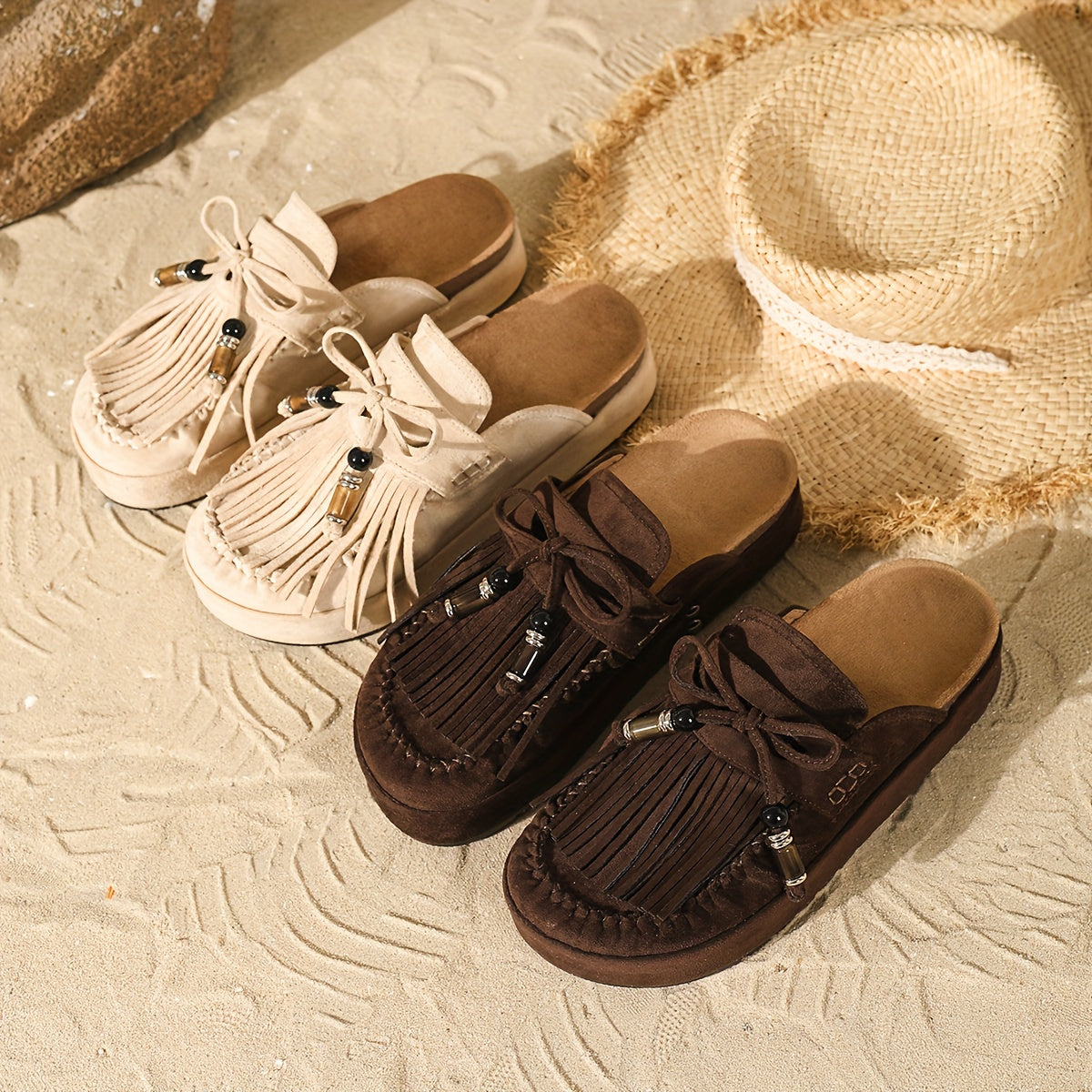 Women's Vintage Moccasin Sandals with Fringe and Beads for Summer