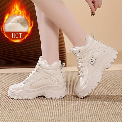 Damen Gefütterte Plateausneaker, Winter Hohe Sneaker mit dicker Sohle, Weiß