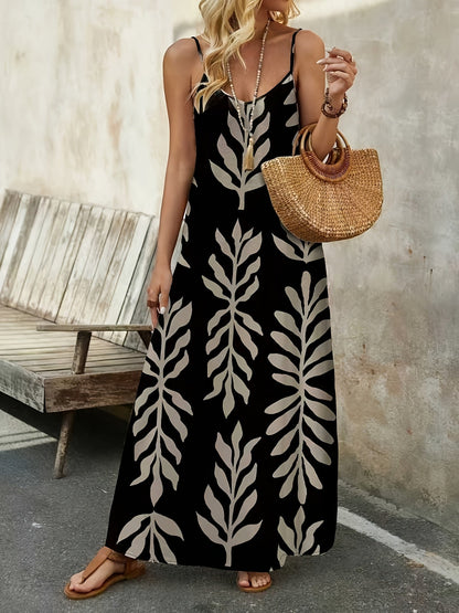 Damen Maxi Sommerkleid mit botanischem Print und Spaghettiträgern – Lässiger Boho-Stil für Urlaub & Alltag