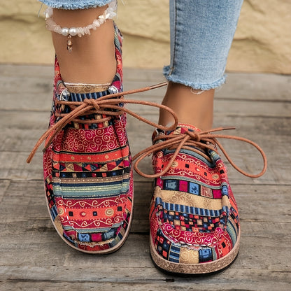 Women's Vintage Casual Shoes with Colorful Ethnic Pattern and Laces – Fashionable Penny Loafers for Everyday & Travel