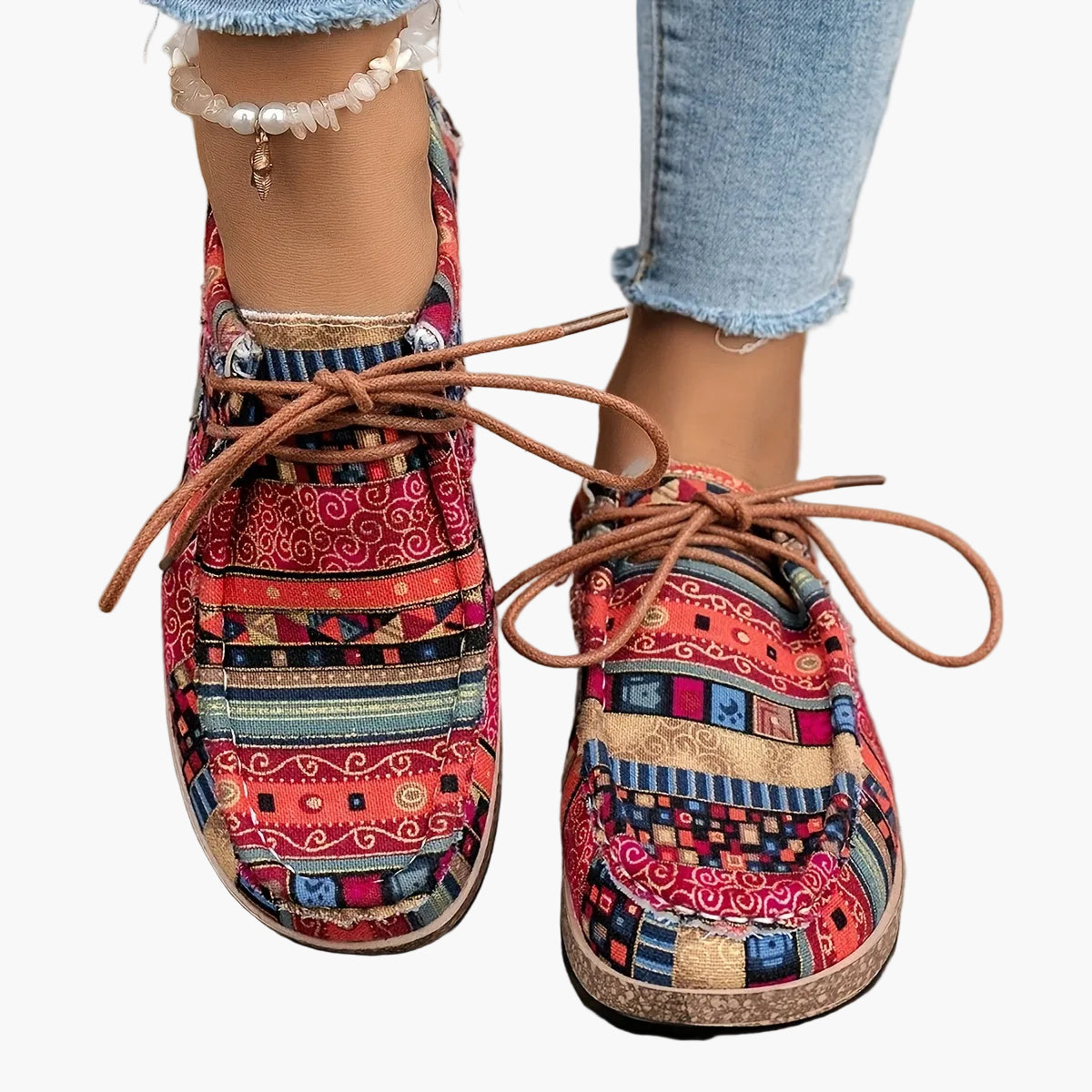 Women's Vintage Casual Shoes with Colorful Ethnic Pattern and Laces – Fashionable Penny Loafers for Everyday & Travel