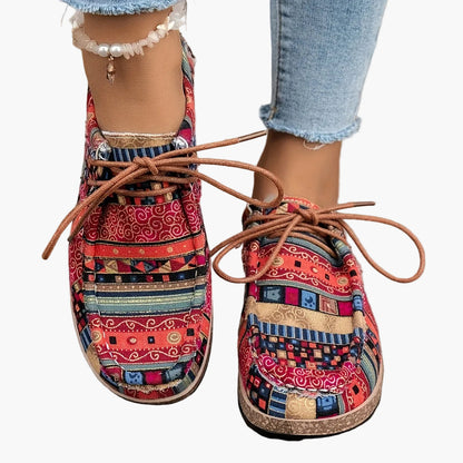 Women's Vintage Casual Shoes with Colorful Ethnic Pattern and Laces – Fashionable Penny Loafers for Everyday & Travel