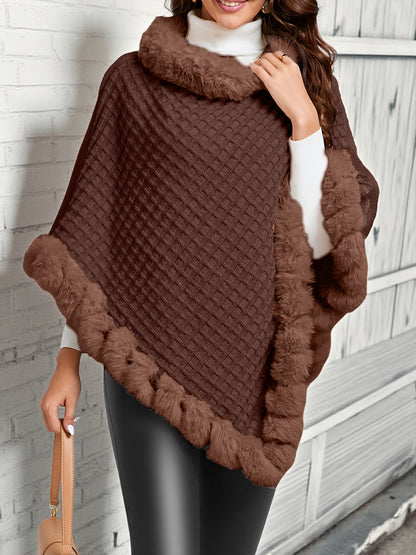 Damen Poncho gestrickt mit Kunstfellbesatz Wickelponcho