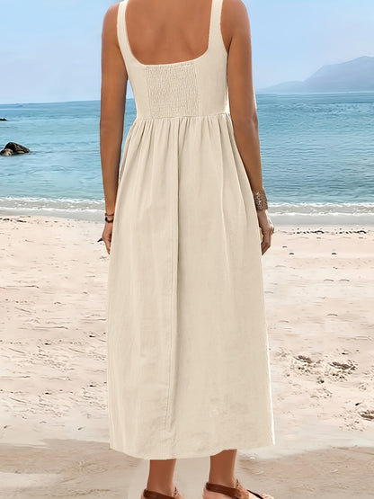 Women's Fit & Flare Midi Dress with Wide Skirt and Square Neck – Perfect for Vacation and Everyday Wear